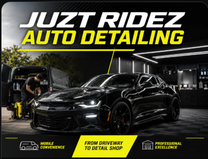 Juzt Ridez Auto Detailing promotional artwork featuring a black Chevrolet Camaro in front of a detailing shop